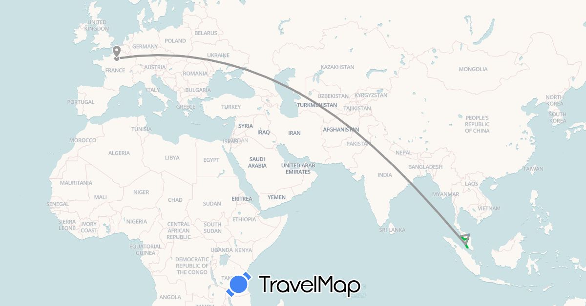 TravelMap itinerary: bus, plane, boat in France, Malaysia (Asia, Europe)